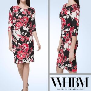White House Black Market Draped Neck Black Red Floral Sheath Midi Dress Size 4